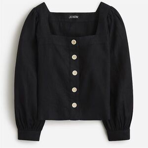 J. Crew Black Square Neck Button-Up Top in Linen
